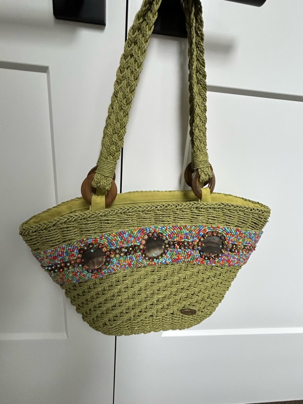 Capelli of New York Olive Green Beaded Straw Tote with Wooden Accents